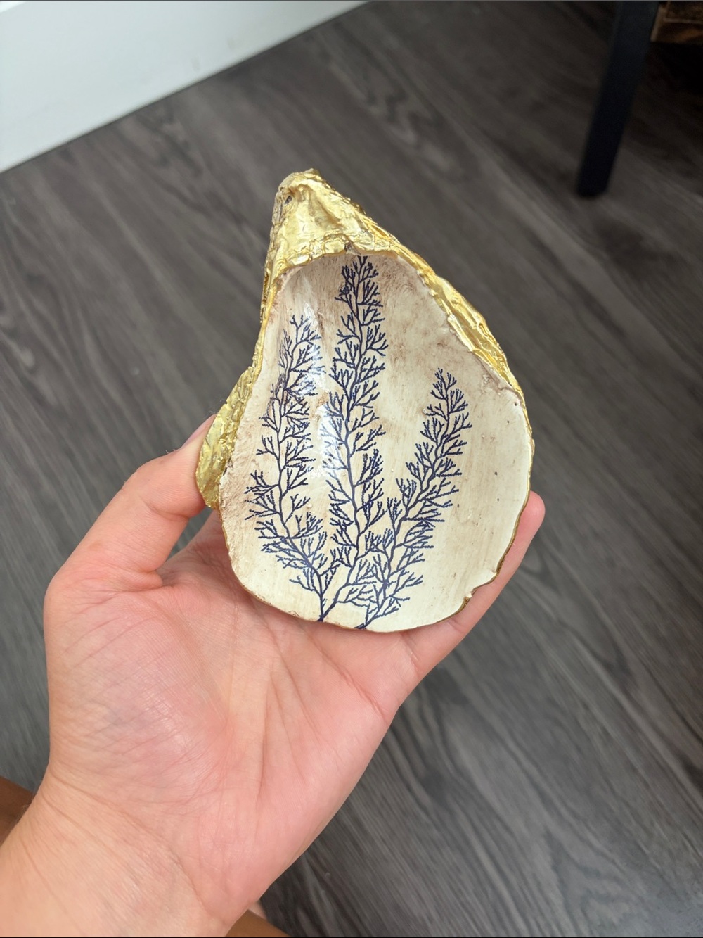 Hand-Painted Shell Dish with Blue Coral Design and Gold Edge